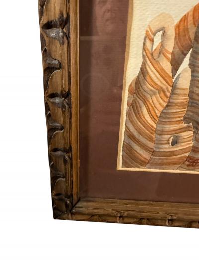 MID CENTURY SURREALIST WATERCOLOR WITH DESERT SANDSTONE STRUCTURES WITH BLUE EYE