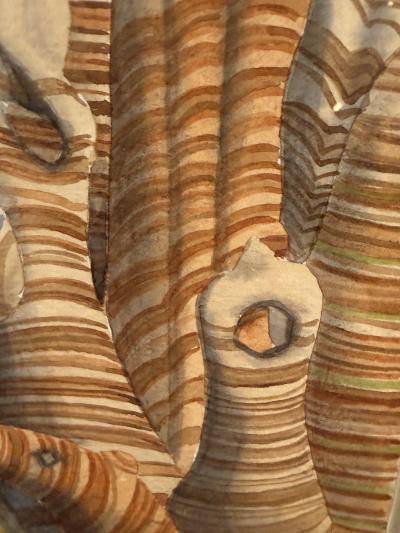 MID CENTURY SURREALIST WATERCOLOR WITH DESERT SANDSTONE STRUCTURES WITH BLUE EYE