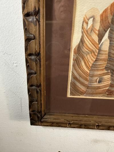 MID CENTURY SURREALIST WATERCOLOR WITH DESERT SANDSTONE STRUCTURES WITH BLUE EYE