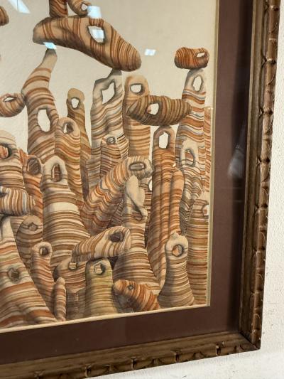 MID CENTURY SURREALIST WATERCOLOR WITH DESERT SANDSTONE STRUCTURES WITH BLUE EYE