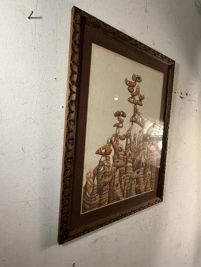 MID CENTURY SURREALIST WATERCOLOR WITH DESERT SANDSTONE STRUCTURES WITH BLUE EYE