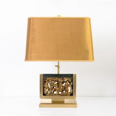 MID CENTURY TABLE LAMPS POLISHED SOLID BRASS MOUNTED ASIAN GILT WOOD CARVINGS 