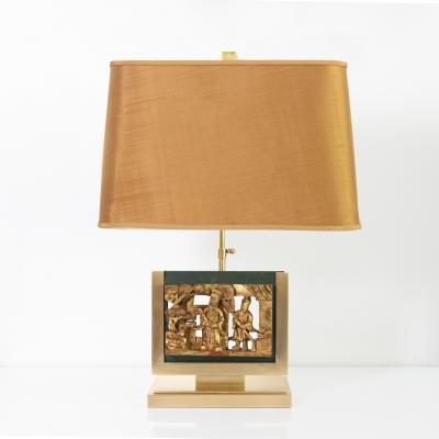 MID CENTURY TABLE LAMPS POLISHED SOLID BRASS MOUNTED ASIAN GILT WOOD CARVINGS 