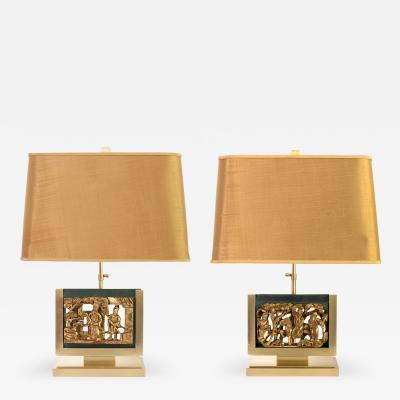 MID CENTURY TABLE LAMPS POLISHED SOLID BRASS MOUNTED ASIAN GILT WOOD CARVINGS 