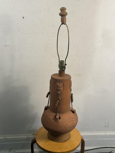 MID CENTURY TERRACOTTA TRIBAL LAMP WITH ORIGINAL CUSTOM SHADE