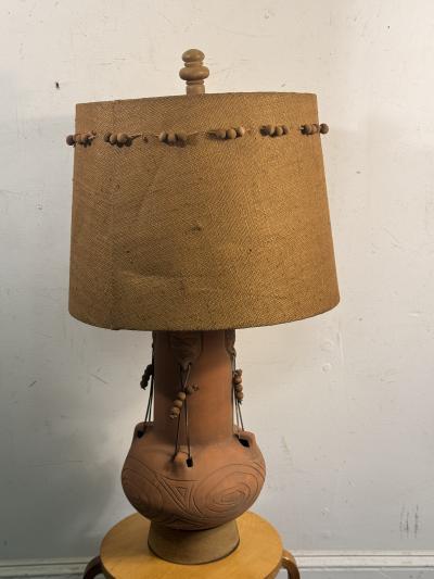 MID CENTURY TERRACOTTA TRIBAL LAMP WITH ORIGINAL CUSTOM SHADE