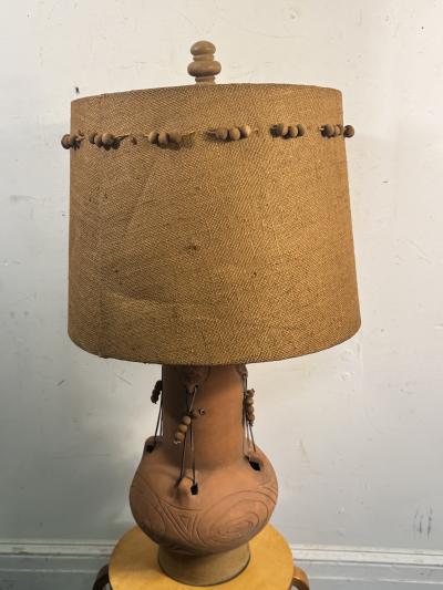 MID CENTURY TERRACOTTA TRIBAL LAMP WITH ORIGINAL CUSTOM SHADE