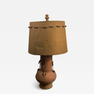 MID CENTURY TERRACOTTA TRIBAL LAMP WITH ORIGINAL CUSTOM SHADE