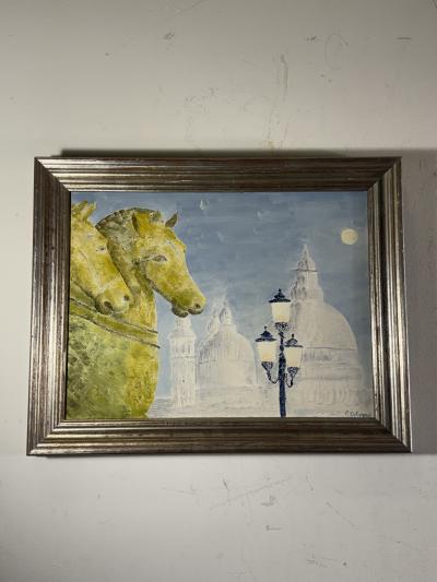MID CENTURY THE BRONZE HORSES OF SAINT MARKS VENICE PAINTING
