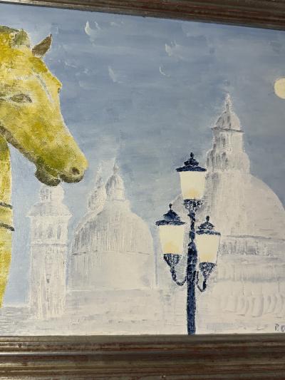 MID CENTURY THE BRONZE HORSES OF SAINT MARKS VENICE PAINTING
