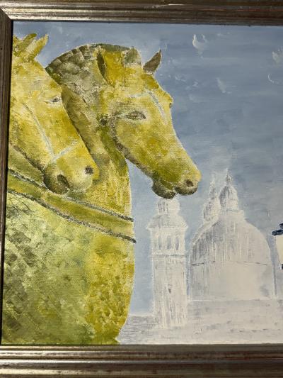 MID CENTURY THE BRONZE HORSES OF SAINT MARKS VENICE PAINTING