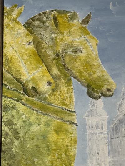 MID CENTURY THE BRONZE HORSES OF SAINT MARKS VENICE PAINTING