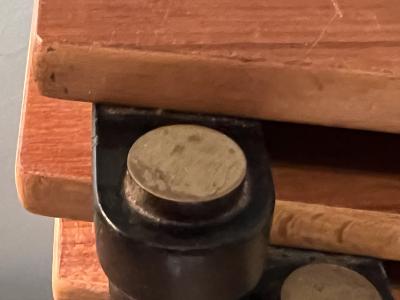 MID CENTURY TRIO OF DANISH DIAMOND SHAPED WOOD AND BRASS NESTING TABLES