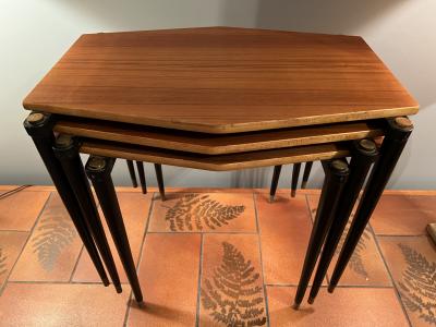 MID CENTURY TRIO OF DANISH DIAMOND SHAPED WOOD AND BRASS NESTING TABLES