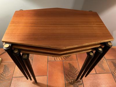 MID CENTURY TRIO OF DANISH DIAMOND SHAPED WOOD AND BRASS NESTING TABLES