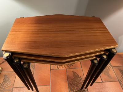 MID CENTURY TRIO OF DANISH DIAMOND SHAPED WOOD AND BRASS NESTING TABLES