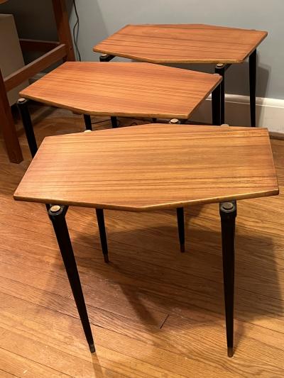 MID CENTURY TRIO OF DANISH DIAMOND SHAPED WOOD AND BRASS NESTING TABLES