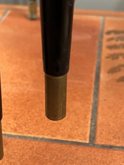 MID CENTURY TRIO OF DANISH DIAMOND SHAPED WOOD AND BRASS NESTING TABLES