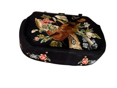 MID CENTURY VIOLIN FLOWERS NEEDLEPOINT BLACK LEATHER HANDBAG