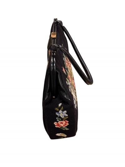 MID CENTURY VIOLIN FLOWERS NEEDLEPOINT BLACK LEATHER HANDBAG