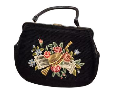 MID CENTURY VIOLIN FLOWERS NEEDLEPOINT BLACK LEATHER HANDBAG