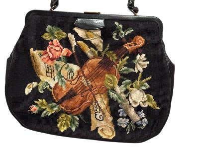 MID CENTURY VIOLIN FLOWERS NEEDLEPOINT BLACK LEATHER HANDBAG