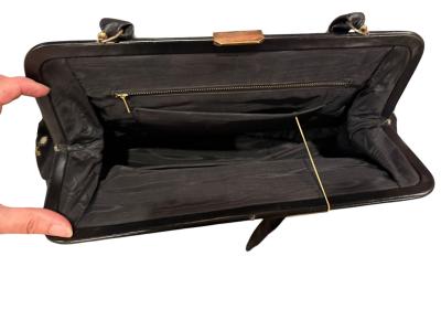 MID CENTURY VIOLIN FLOWERS NEEDLEPOINT BLACK LEATHER HANDBAG