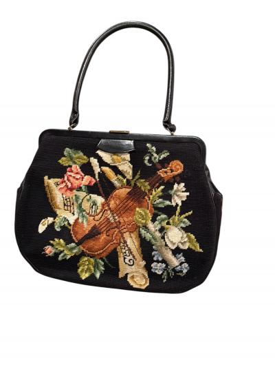 MID CENTURY VIOLIN FLOWERS NEEDLEPOINT BLACK LEATHER HANDBAG