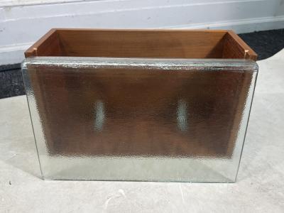 MID CENTURY WOOD FRAMED MIRROR WITH WALL MOUNTED SHELF WITH GLASS DRAWER