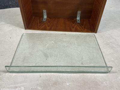 MID CENTURY WOOD FRAMED MIRROR WITH WALL MOUNTED SHELF WITH GLASS DRAWER