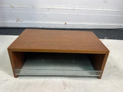 MID CENTURY WOOD FRAMED MIRROR WITH WALL MOUNTED SHELF WITH GLASS DRAWER