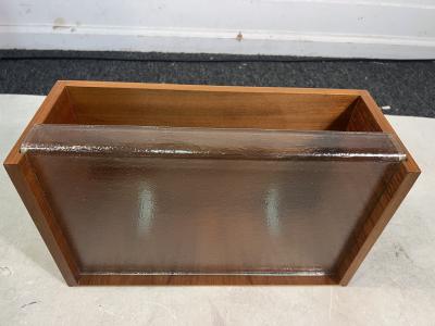 MID CENTURY WOOD FRAMED MIRROR WITH WALL MOUNTED SHELF WITH GLASS DRAWER