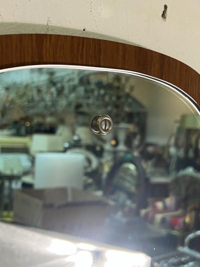 MID CENTURY WOOD FRAMED MIRROR WITH WALL MOUNTED SHELF WITH GLASS DRAWER