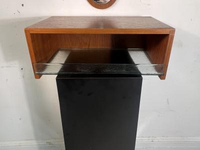 MID CENTURY WOOD FRAMED MIRROR WITH WALL MOUNTED SHELF WITH GLASS DRAWER