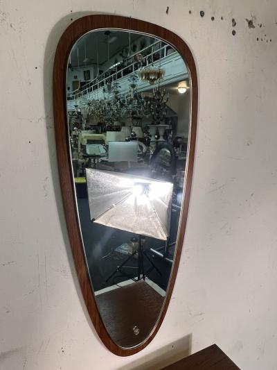MID CENTURY WOOD FRAMED MIRROR WITH WALL MOUNTED SHELF WITH GLASS DRAWER