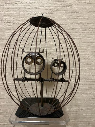 MIXED METALS BRUTALIST OWLS IN CAGE SCULPTURE