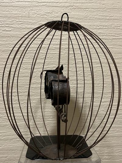 MIXED METALS BRUTALIST OWLS IN CAGE SCULPTURE