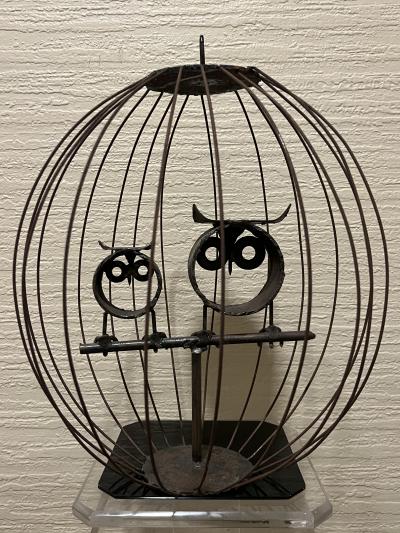 MIXED METALS BRUTALIST OWLS IN CAGE SCULPTURE