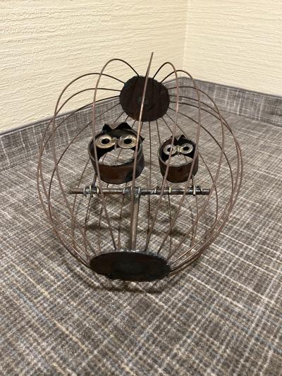 MIXED METALS BRUTALIST OWLS IN CAGE SCULPTURE