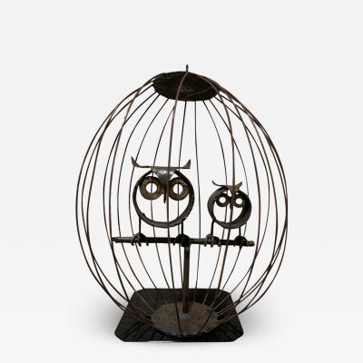 MIXED METALS BRUTALIST OWLS IN CAGE SCULPTURE