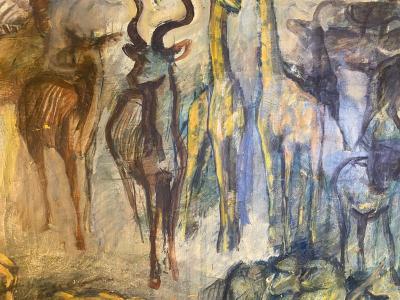MODERN AFRICAN ANIMALS IN LANDSCAPE OIL PAINTING