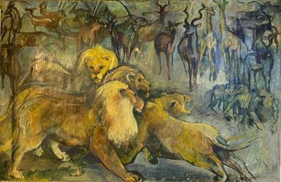 MODERN AFRICAN ANIMALS IN LANDSCAPE OIL PAINTING