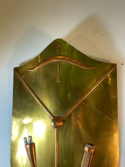 MODERN BRASS AND COPPER ARCHERS SHIELD WALL SCULPTURE