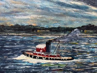 MODERN BRIDGE AND TUG BOAT PAINTING