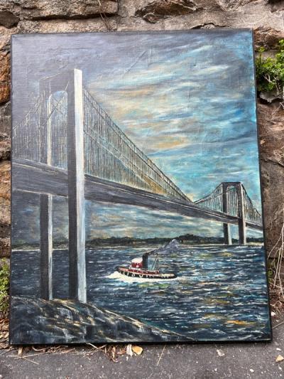 MODERN BRIDGE AND TUG BOAT PAINTING