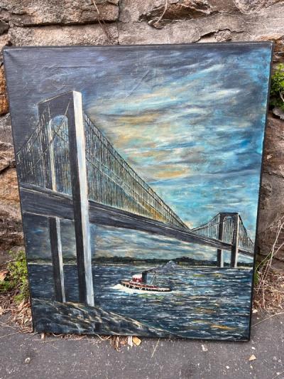 MODERN BRIDGE AND TUG BOAT PAINTING