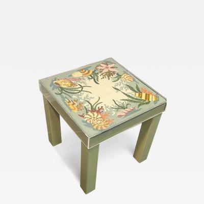 MODERN COLORFUL SEA SHELL SEA LIFE NEEDLEPOINT LUCITE TOP TABLE