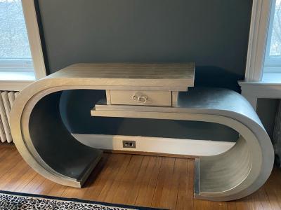 MODERN CURVED SILVER LEAF CONSOLE WITH DRAWER