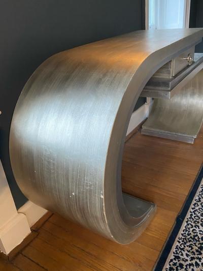 MODERN CURVED SILVER LEAF CONSOLE WITH DRAWER