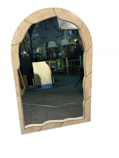MODERN CURVED TESSELLATED TAUPE CREAM MARBLE INLAID BRASS MIRRORS